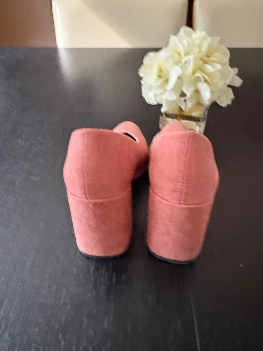Cupid Coral Pink Suede Pointed V-Cut Block Heel Pumps